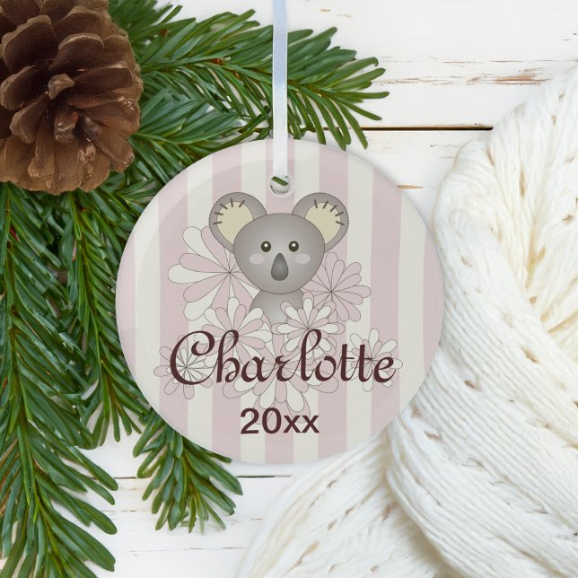 Pastel Pink Stripe Niedlich Baby Koala Girl Ornament Aus Glas (Von Creator hochgeladen)