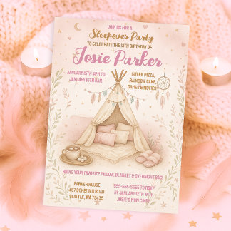 Pastel Pink Teepee Sleepover Geburtstagsparty Einladung
