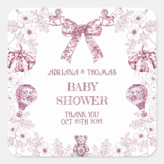 Pastel Pink Toile Preppy Baby Dusche Quadratischer Aufkleber (Vorderseite)