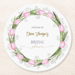 Pastel Pink Tulip & Baby's Breath Bridal Wreath Runder Pappuntersetzer