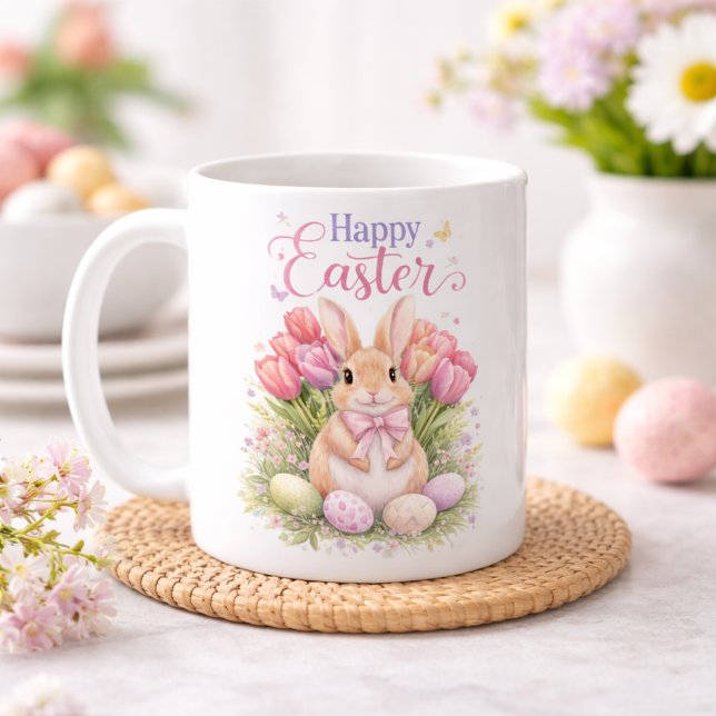 Pastel Pink Tulips Easter Bunny Happy Easter Kaffeetasse (Von Creator hochgeladen)