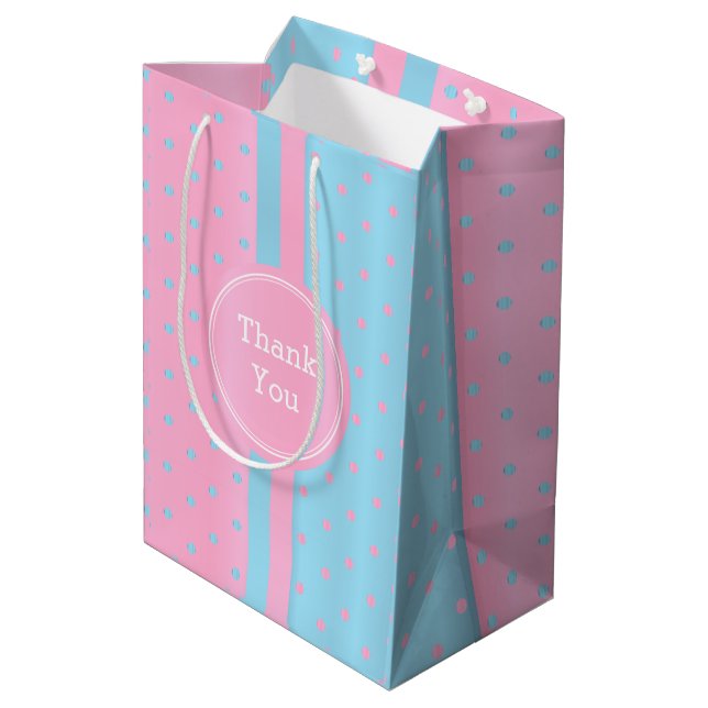 Pastel Pink und Baby Blue Polka Dots - Danke Mittlere Geschenktüte (Rückseite Schrägansicht)