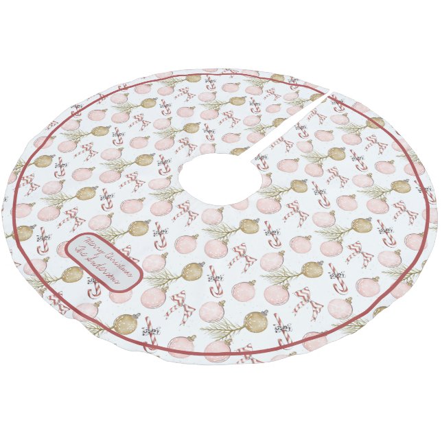 Pastel Pink und Birch Frohe Weihnachten Polyester Weihnachtsbaumdecke (Schrägansicht)
