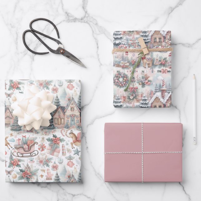 Pastel Pink und Blau Weihnachtshäuser und Rentier Geschenkpapier Set (Vorderseite)