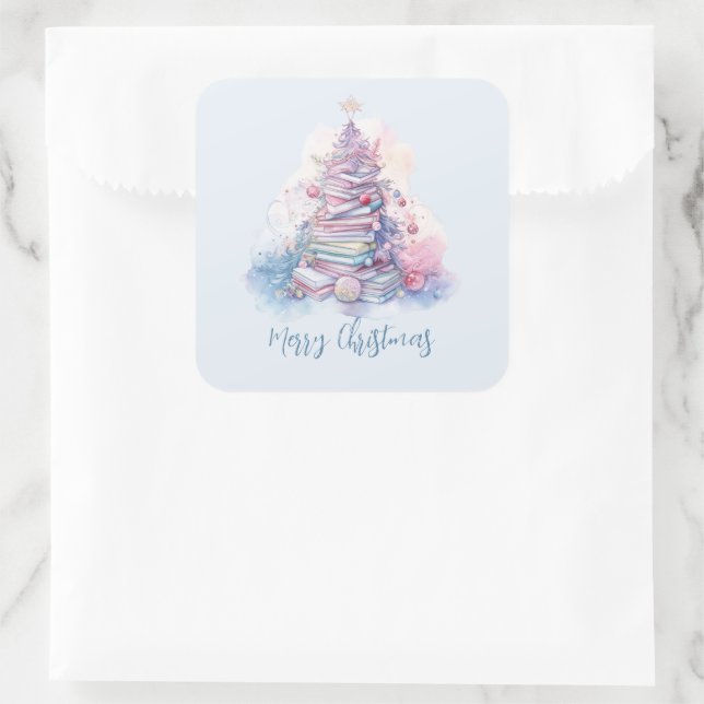 Pastel Pink und Blue Stacks Weihnachtsbaum Quadratischer Aufkleber (Tasche)