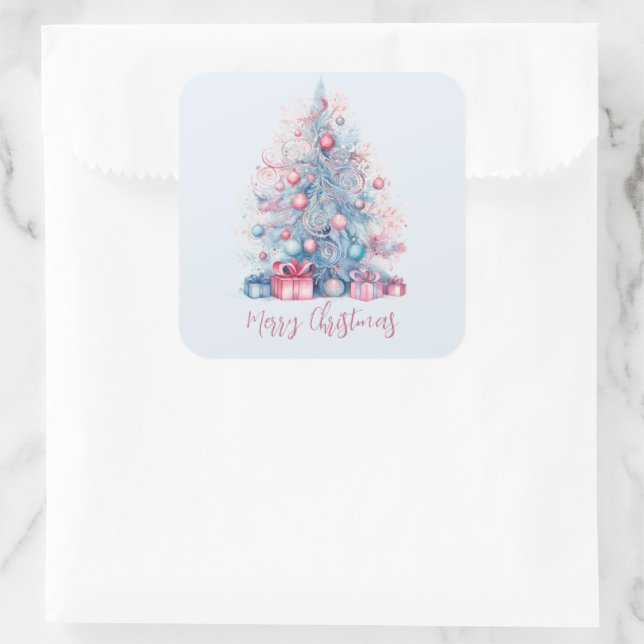 Pastel Pink und Blue Whimsical Weihnachtsbaum Gesc Quadratischer Aufkleber (Tasche)