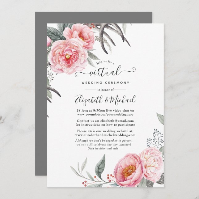 Pastel Pink und Gray Boho Blues Virtual Wedding Einladung (Vorne/Hinten)