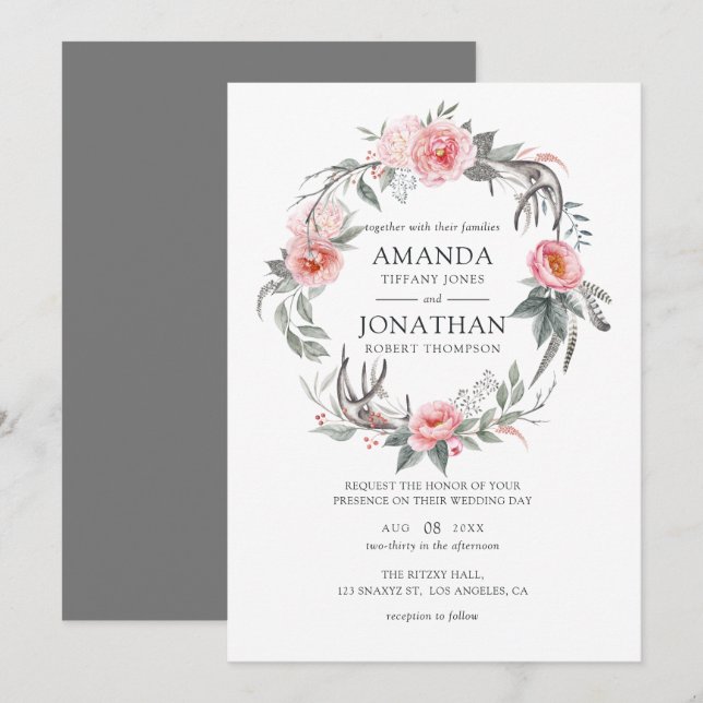 Pastel Pink und Gray Boho Blumenhochzeit Einladung (Vorne/Hinten)