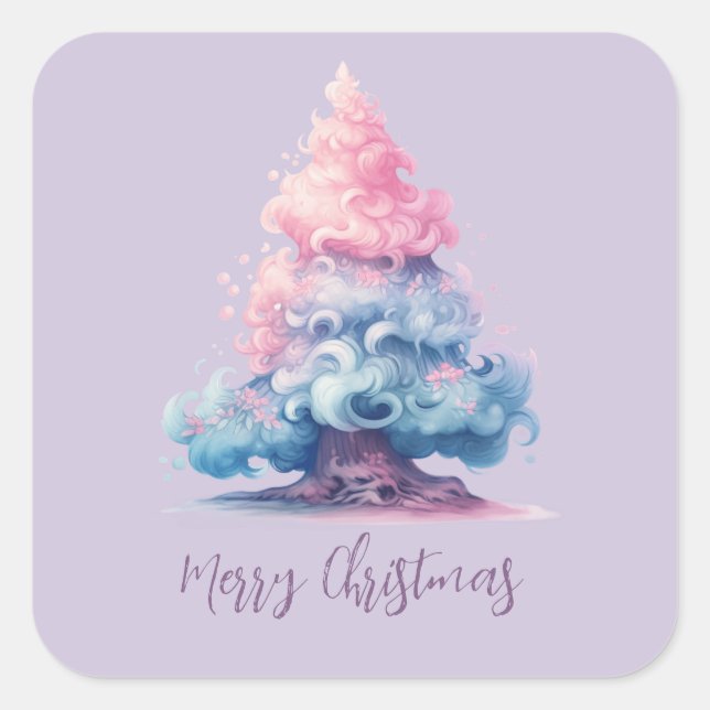 Pastel Pink und Wirbler Blauer Weihnachtsbaum Quadratischer Aufkleber (Vorderseite)