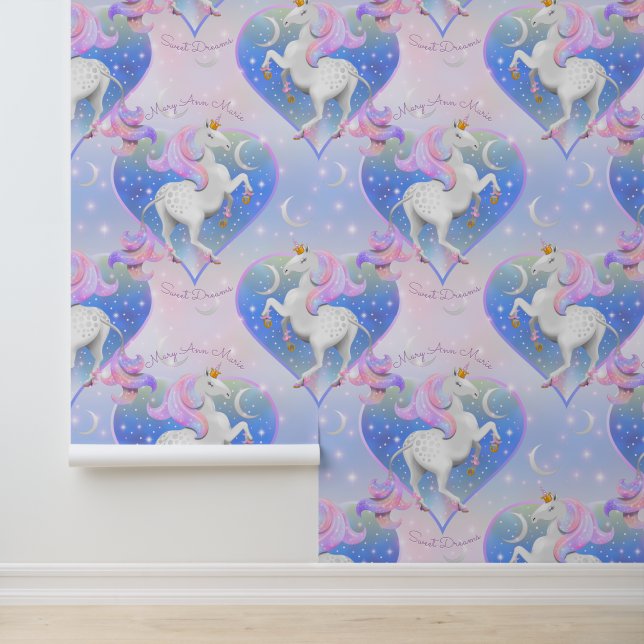 Pastel Pink Unicorin Prinzessin Herz Kinderzimmer Tapete (Anwendung)
