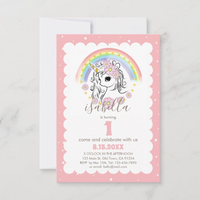 Pastel Pink Unicorn Girl Birthday Einladung (Vorderseite)