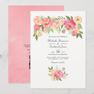 Pastel Pink Wasserfarbe Peony QR Code UAWG Wedding Einladung