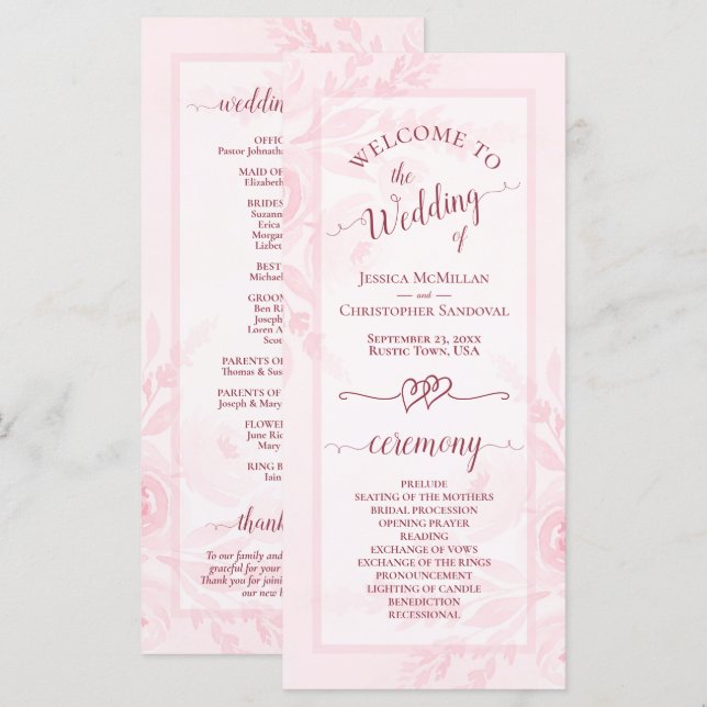 Pastel Pink Watercolor Peonies Elegant Wedding Programm (Vorne/Hinten)