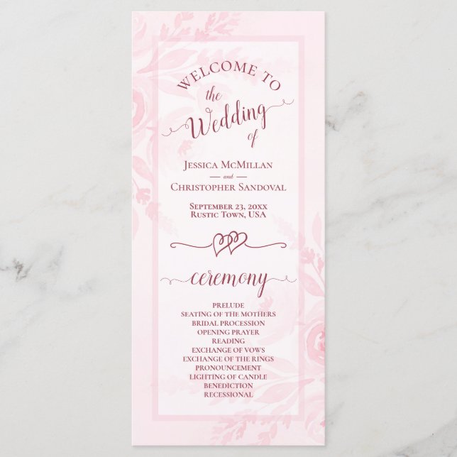 Pastel Pink Watercolor Peonies Elegant Wedding Programm (Vorderseite)