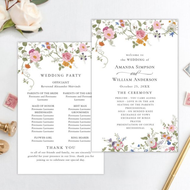 Pastel Pink Wild Blume Hochzeitsprogramm (Von Creator hochgeladen)