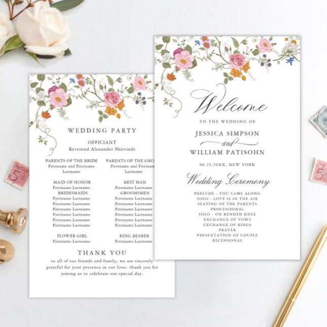 Pastel Pink Wild Blume Hochzeitsprogramm (Von Creator hochgeladen)