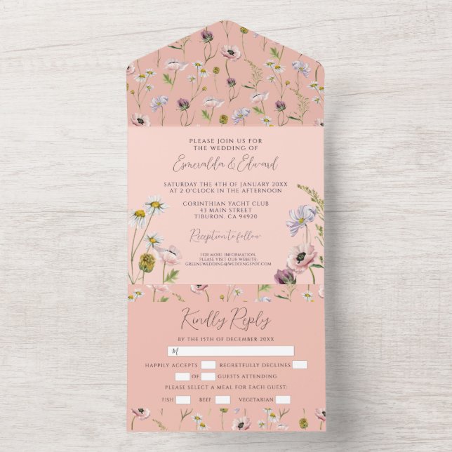 Pastel Pink Wilde Blume Boho Botanische Hochzeit All In One Einladung (Innen Boden)