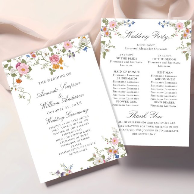 Pastel Pink Wilde Blume Hochzeitfeier Programm (Von Creator hochgeladen)
