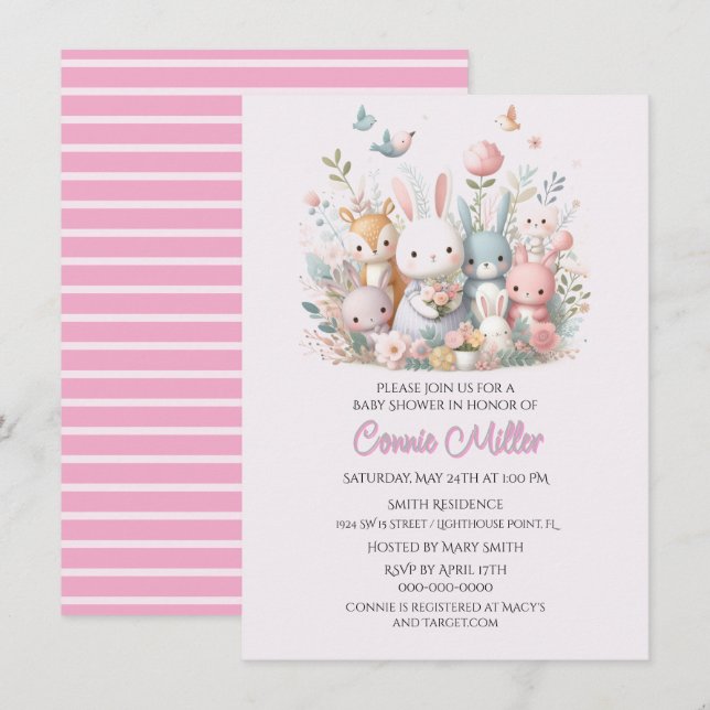 Pastel Pink Woodland Animals Kinderdusche Einladung (Vorne/Hinten)