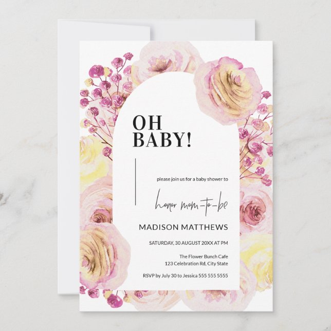 Pastel Pink Yellow Floral Baby Girl Babydusche Einladung (Vorderseite)