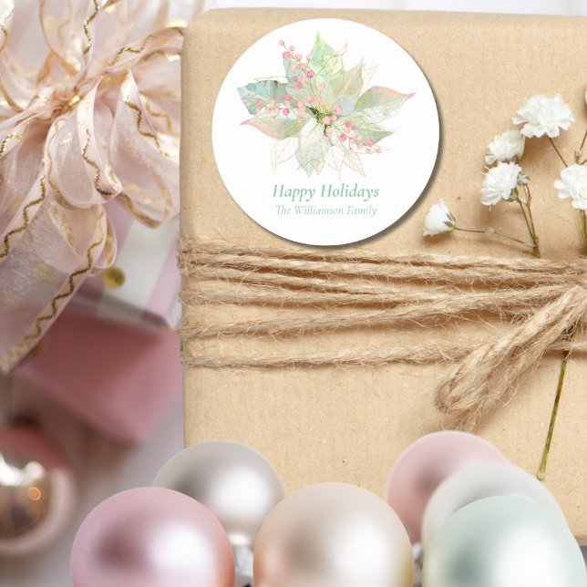 Pastel Poinsettia Happy Holidays Pink Gold Sweet Runder Aufkleber (Von Creator hochgeladen)