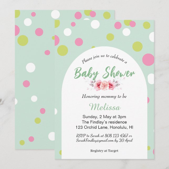 Pastel polka dots Babydusche Einladung (Vorne/Hinten)