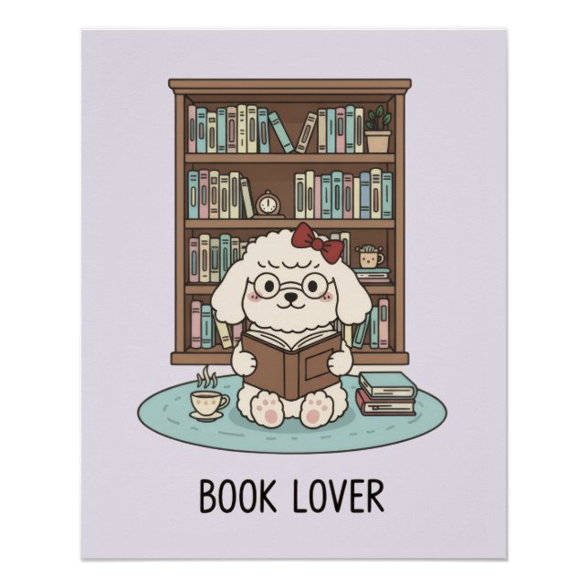 Pastel Poodle Puppy Dog with Books Glossy Poster (Vorderseite)