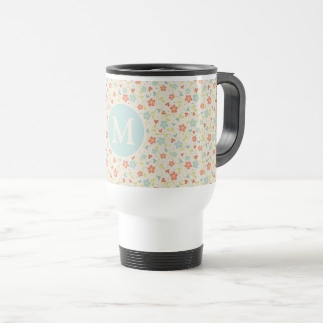 Pastel Pretty Spring Floral Pattern Monogram Reisebecher (VorderseiteRechts)