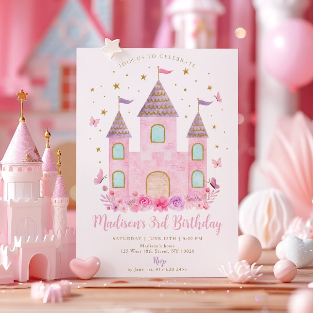 Pastel Princess Castle Butterfly Flower Birthday Einladung (Von Creator hochgeladen)