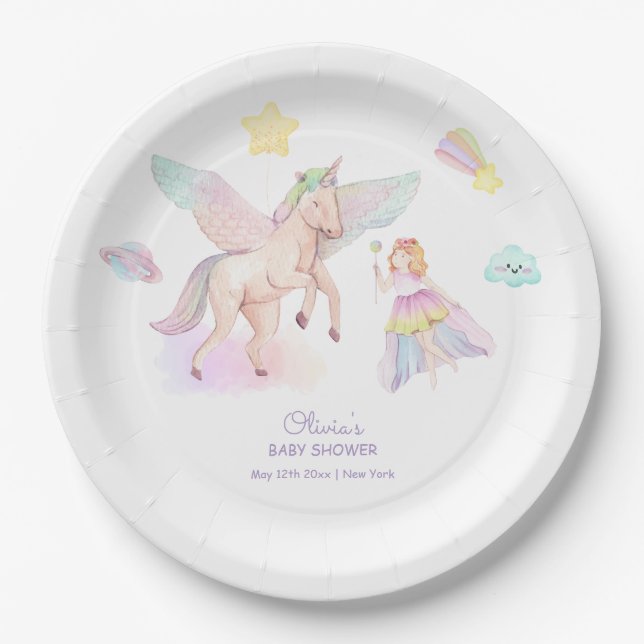 Pastel Princess Unicorn Kinderdusche Pappteller (Vorderseite)