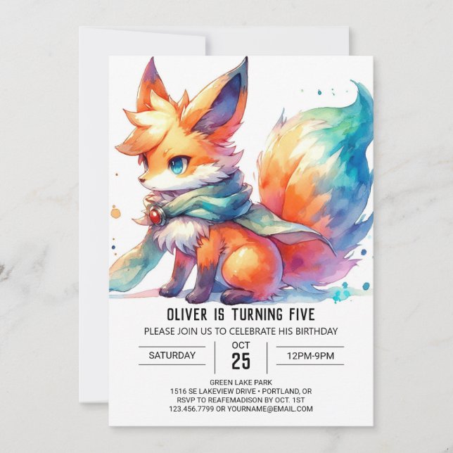 Pastel Printable Fox Birthday Einladung (Vorderseite)