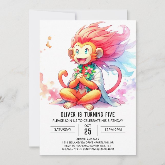 Pastel Printable Monkey Birthday Einladung (Vorderseite)