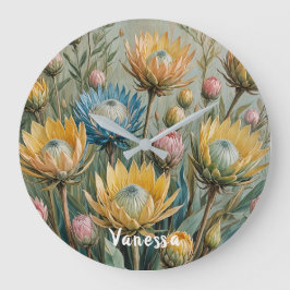Pastel Protea Traumhaft: Elegante Blumen Große Wanduhr