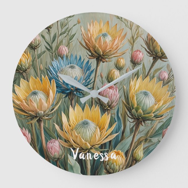 Pastel Protea Traumhaft: Elegante Blumen Große Wanduhr (Vorderseite)