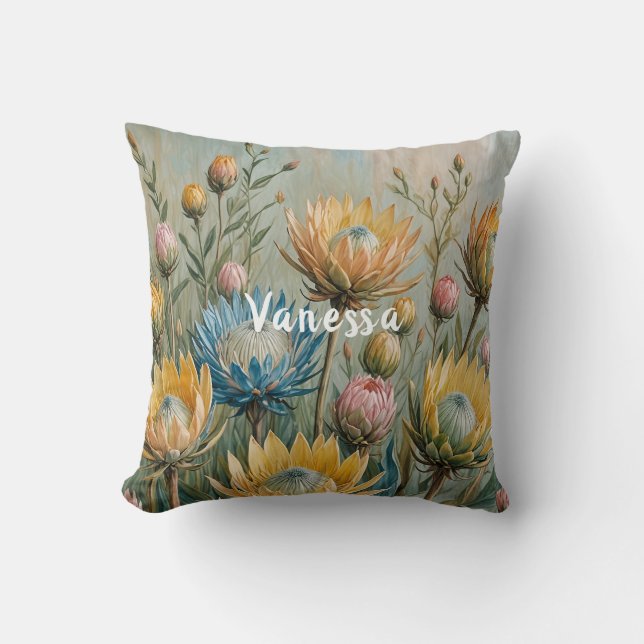 Pastel Protea Traumhaft: Elegante Blumen Kissen (Vorderseite)