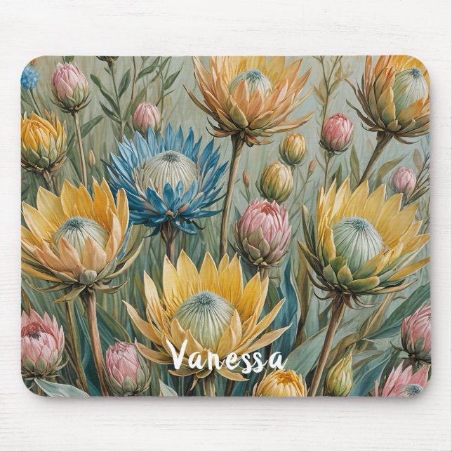 Pastel Protea Traumhaft: Elegante Blumen Mousepad (Vorne)