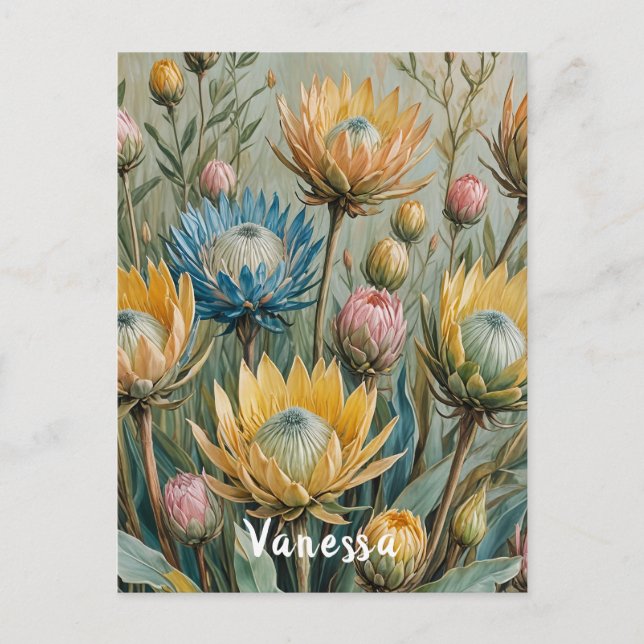 Pastel Protea Traumhaft: Elegante Blumen Postkarte (Vorderseite)