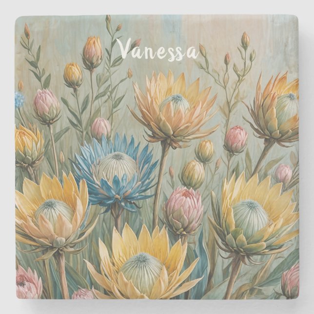 Pastel Protea Traumhaft: Elegante Blumen Steinuntersetzer (Vorderseite)