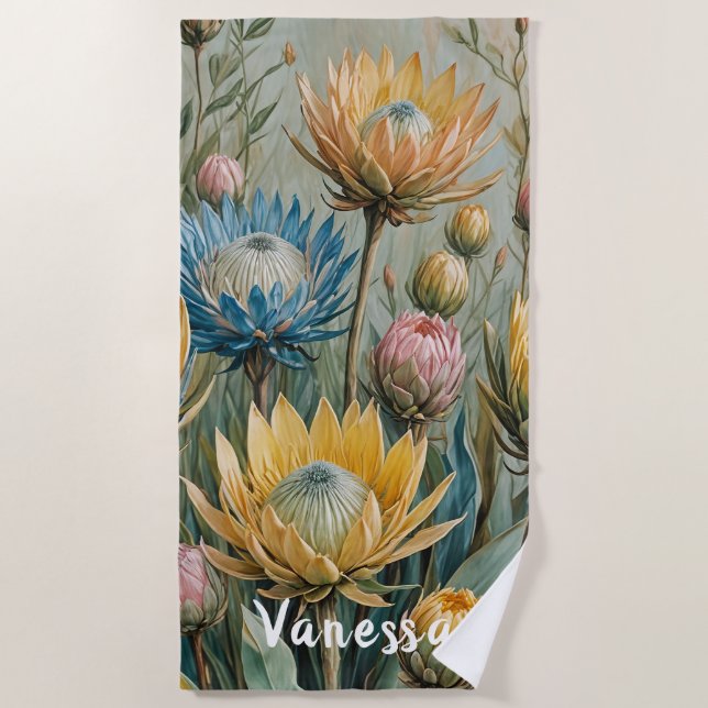 Pastel Protea Traumhaft: Elegante Blumen Strandtuch (Vorderseite)