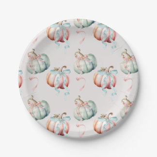Pastel Pumpkin and Bows Gender Reveal Paper Plate Pappteller
