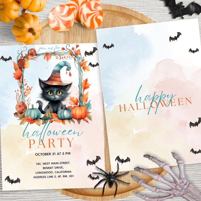 Pastel Pumpkin Patch Black Cat Halloween-Party Einladung (Von Creator hochgeladen)