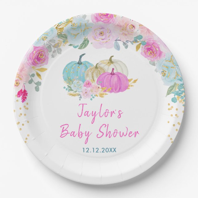 Pastel Pumpkins Floral Baby Dusche Pappteller (Vorderseite)
