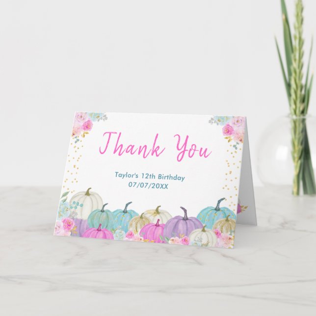 Pastel Pumpkins Floral Birthday Party Dankeskarte (Vorderseite)