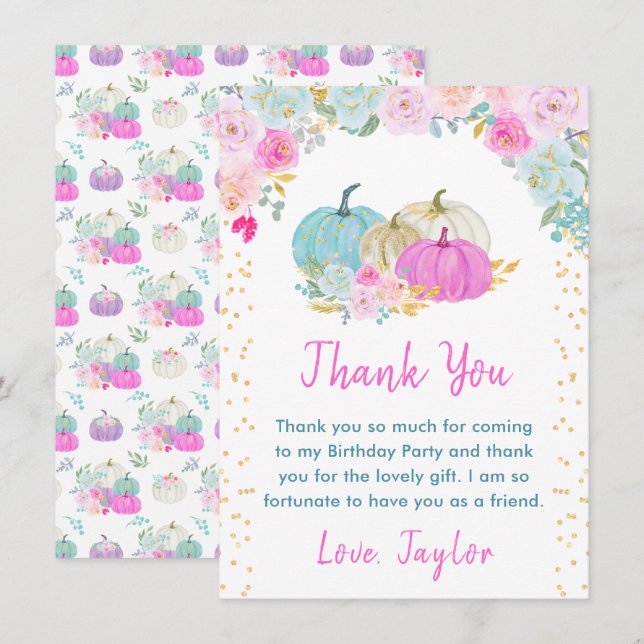 Pastel Pumpkins Floral Birthday Party Dankeskarte (Vorne/Hinten)