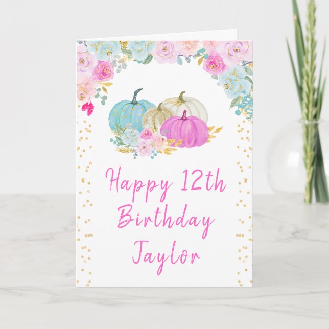 Pastel Pumpkins Floral Happy Birthday Karte (Vorderseite)