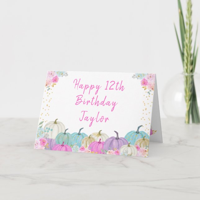 Pastel Pumpkins Floral Happy Birthday Karte (Vorderseite)