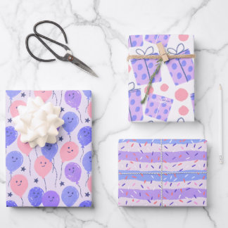 Pastel Purple Balloon, Polka Dot, and Stripe Geschenkpapier Set