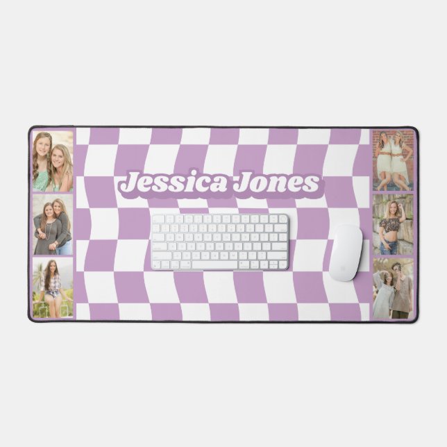 Pastel Purple Checkerboard Cute Name Photo Collage (Clavier et souris)