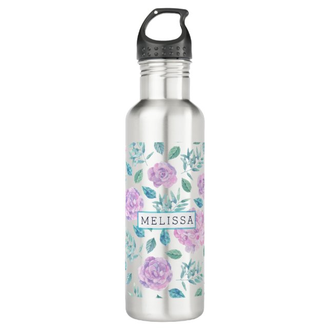 Pastel Purple Flowers Muster Monogram Trinkflasche (Vorderseite)