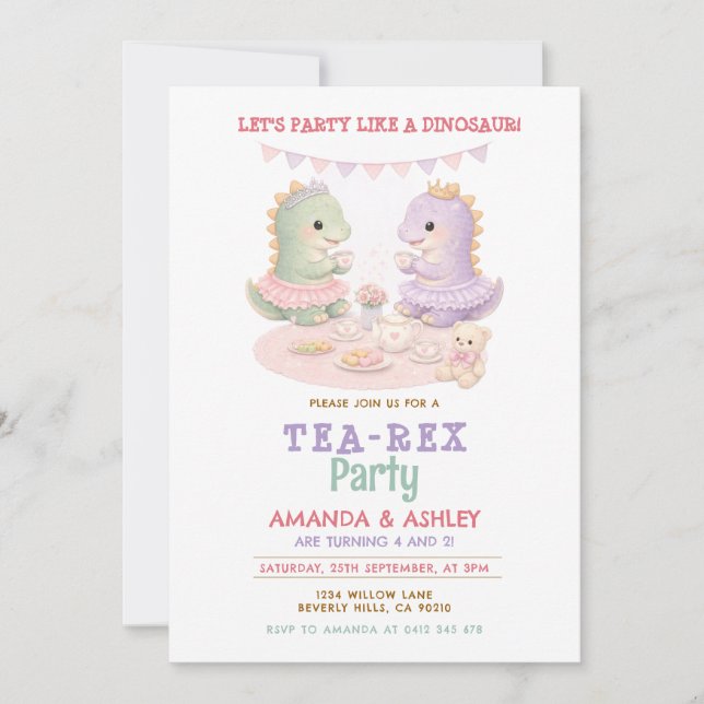 Pastel Purple Party Like A Dinosaur Joint Birthday Einladung (Vorderseite)